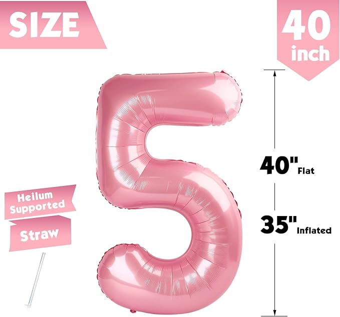 40 Inch Pearlescent Pink Number 5 Balloon, Giant 5 Number Balloons for 5th Birthday Decorations, Party Supplies for Baby Boy Girl, Pearlescent Pink Party Decor