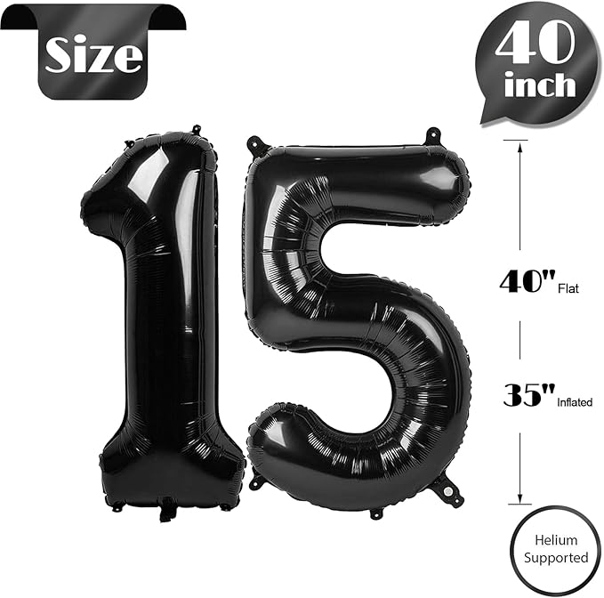 Black Number 15 Balloon 40 inch, 15 Number Balloons, 15th Black Birthday Decorations, 15 Year Old Girls Boys Party Supplies