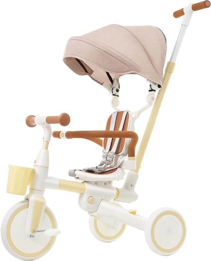 Kids Tricycle with Adjustable Pedals, Removable Canopy Cup Holder Safe, Portable Toddler Bike Age 18-72 Months