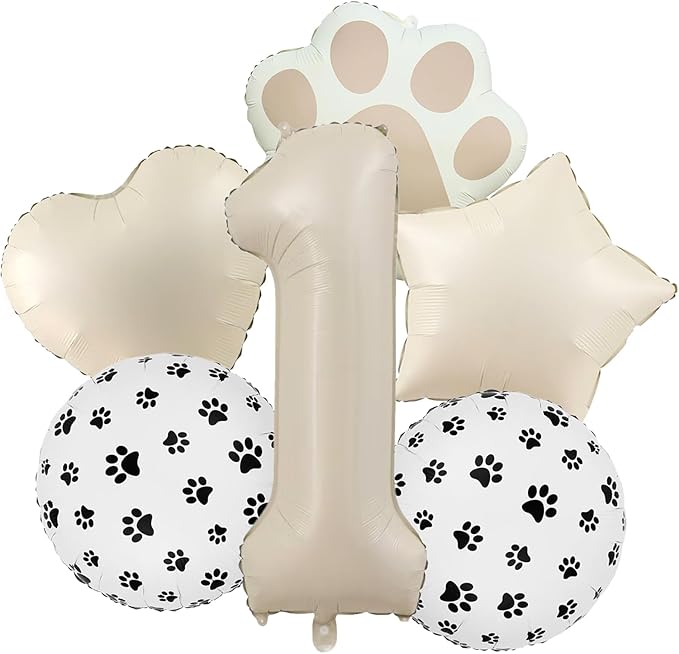 1st Birthday Dog Paw Balloons Set,18'' Paw Prints, Heart,Star,Paw Shaped Foil Balloon 40 Inch Cream Number 1 Helium balloons for Puppy Themed Baby Shower First Birthday Party Decorations Supplies 6PCS
