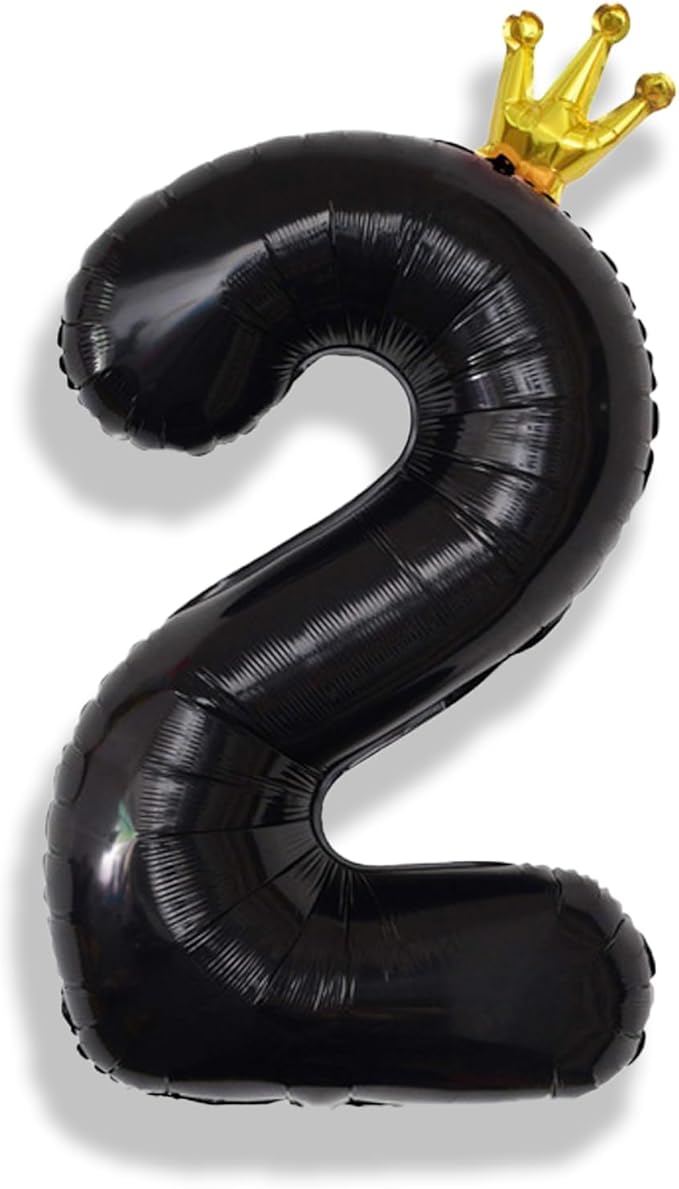 40 Inch 2nd Birthday Balloon Number, Crown Black Foil Giant Number Balloons 0-9 Set, Self Inflating Balloons for Kids Girls Boys 20th Birthday Party Decor Anniversary Party Decoration Supplies