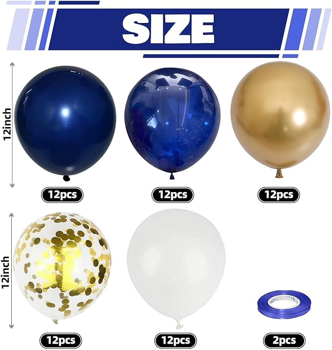 Navy Blue and Gold Balloons, 60 Packs 12 inch Navy Blue and Metallic Chrome Gold Confetti Balloons with Ribbons for Birthday, Baby Shower, Graduation, Eid Ramadan Decoration