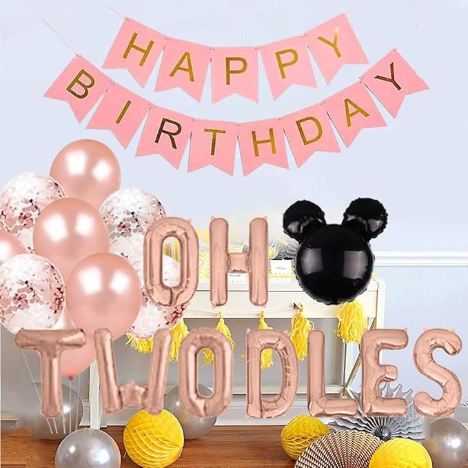 Oh Twodles Birthday Balloons, Oh Twodles Balloon Banner Party Supplies Number 2 Balloon for 2nd Second Boy Birthday Party Decoration 12PCS Kit of Geloar (Rose Gold)