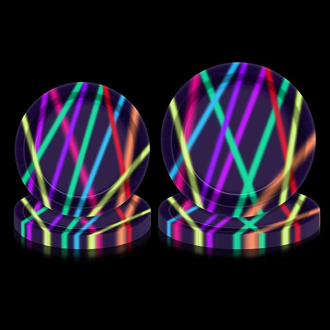 Neon Paper Plates - Glow in the Dark Party Supplies Include 7'' 9'' Printed with Light Beam Plates for Let's Glow Party Decorations, Serves 20
