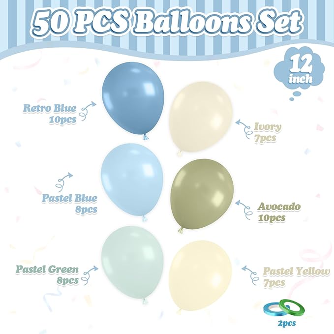 FunHot Blue Green Balloons, 50 Pcs Sage Green Blue Latex Balloon, 12 Inch Pastel Yellow Ivory Helium Balloons for Boy Baby Shower Wild Birthday Wedding Boho Gender Reveal Engagement Party Decorations