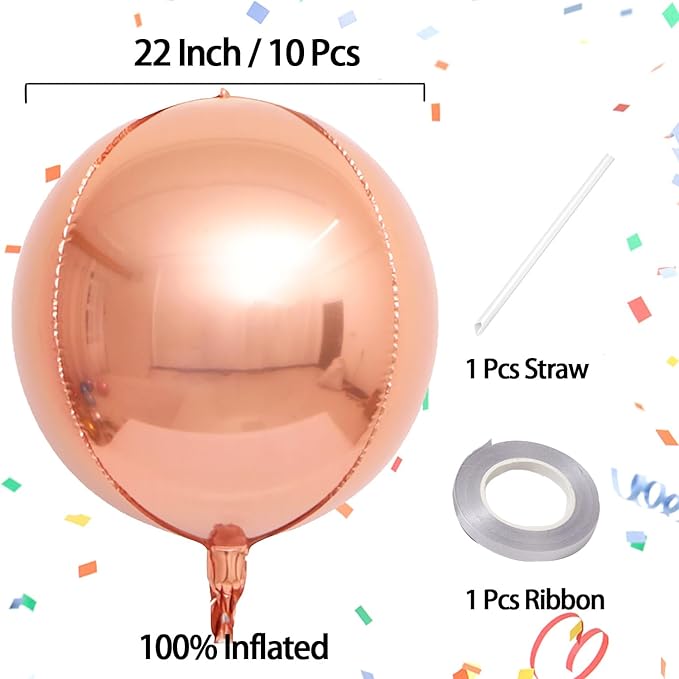 KALOR 10 Pcs 22 Inch Rose Gold Mylar Balloons, Large 4D Giant Round Foil Balloon Big Mirror Metallic Balloons for Birthday Party Baby Shower Gender Reveal Supplies