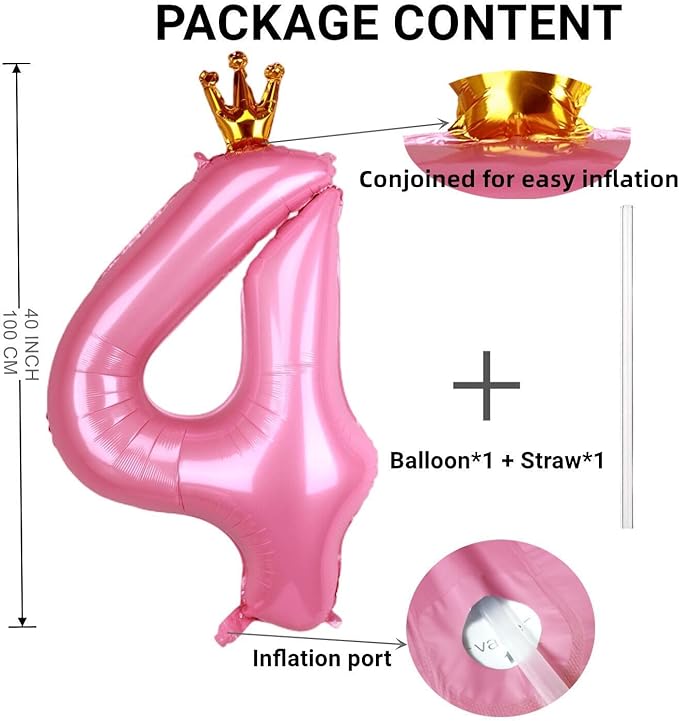40 Inch Crown Pink Number 4 Balloon, Big Conjoined Baby Pink Foil Mylar Helium 4 Balloon | Girls 4th Birthday Party Balloons Princess Theme Birthday Party Decorations Supplies Favors
