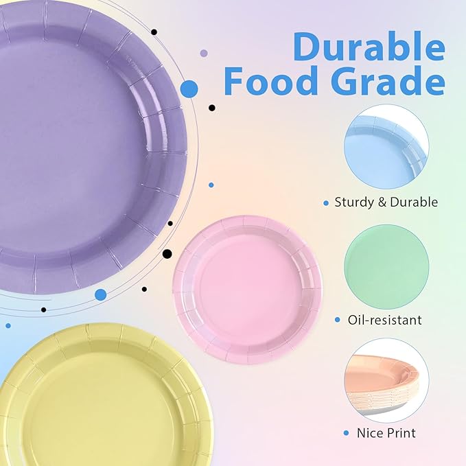 Grencian 60Pcs Pastel Rainbow Party Decorations 9" Pastel Rainbow Plates Disposable Solid Color Paper Dinnerware for Wedding Anniversary Birthday Bridal Baby Shower Summer Ice Cream Party Supplies