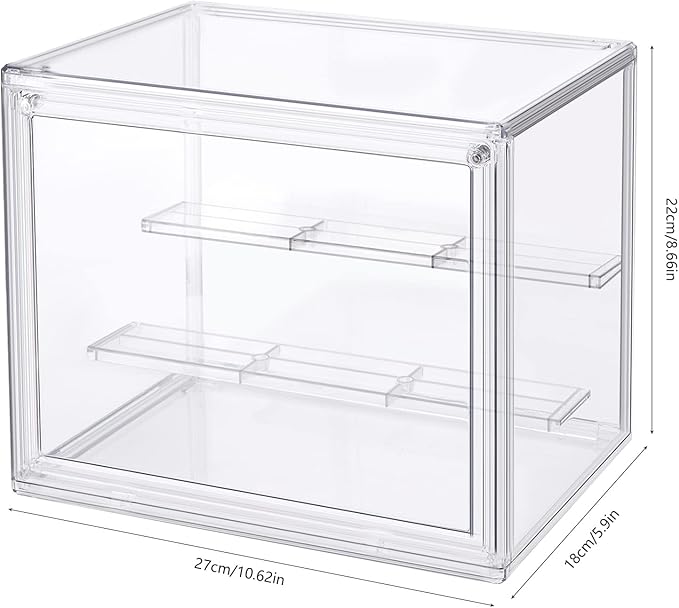 Premium Acrylic Display Case for Figures (10.6" x 7.1" x 8.7") 3 Layer Clear Display Box with Adjustable Dividers & Magnetic Door, Stackable Action Figure Showcase for Funko Pop, Mini Collectibles