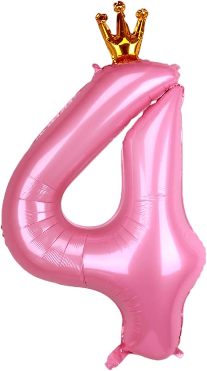 40 Inch Crown Pink Number 4 Balloon, Big Conjoined Baby Pink Foil Mylar Helium 4 Balloon | Girls 4th Birthday Party Balloons Princess Theme Birthday Party Decorations Supplies Favors