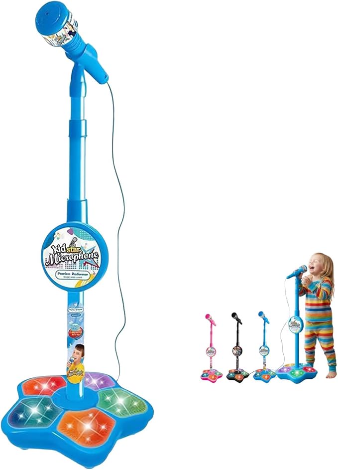 Kids Microphone with Stand,Karaoke Machine Kid,Microphone with Flashing Stage Lights Adjustable Stand Gift for Age 3+ Years Old Children,Musical Toy for Fun Sound Effects, for Children (Blue)