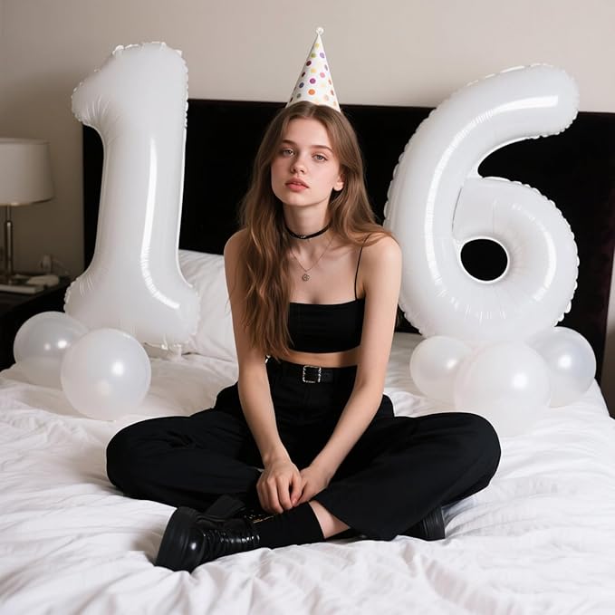40 Inch White Number 16 Digital Balloon,Jumbo Mylar Foil Helium Balloon for 16 Balloons for Birthday Party,Wedding Anniversary Party Decorations
