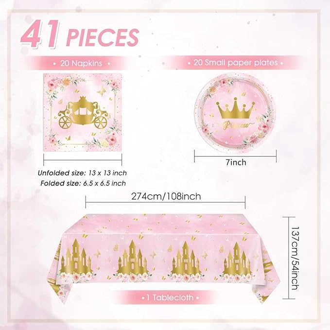 41PCS Princess Birthday Party Decorations,Pink Floral Castle Princess Birthday Themed Tableware Set Includes Paper Plates and Napkins,Tablecloth for Princess Party Supplies,Serves 20