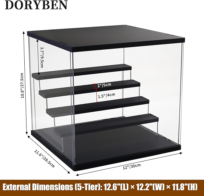 Acrylic Display Case with Adjustable LED Light, 5 Tier Clear Display Box Dustproof Showcase for Action Figures, Collectibles and Mini Toys, Assembly Display Cabinet(Black 12.5×12.2×11.8in)