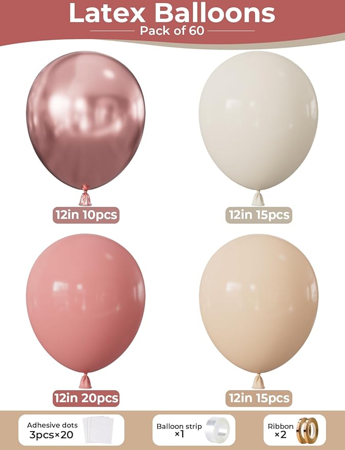 Retro Blush Pink Balloons, 60 Pcs 12 Inch Dusty Pink Metallic Chrome Rose Gold Beige Ivory White for Wedding, Baby Shower, Birthday, Bridal Shower, Boho Party Decorations