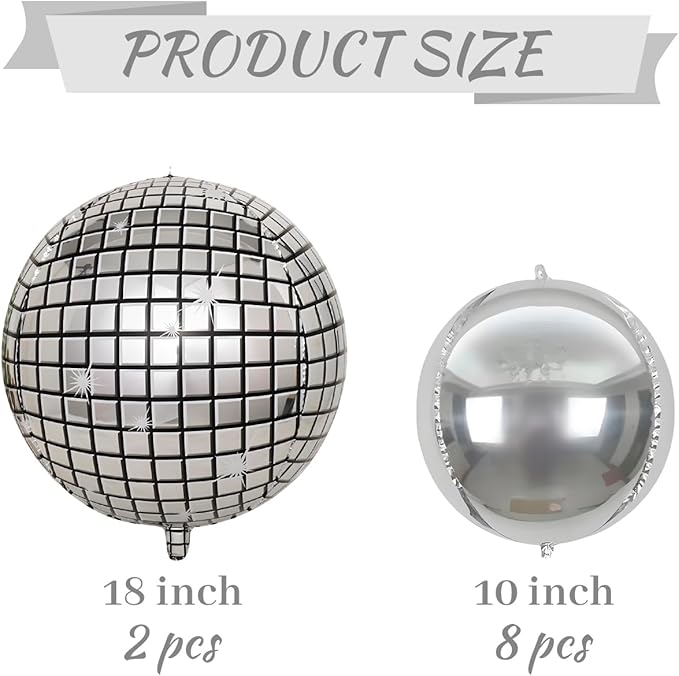 FBQ Silver Disco Foil Balloons and Silver 4D Round Ball Balloons 70s 80s 90s Birthday Wedding Party Decorations Supplies