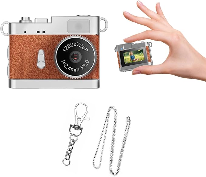 KOOMTOOM Keychain Camera,1080P HD Mini Retro Camera,Tiny Digital Photocamera with 32GB SD Card,0.96'' Pocket Video Recorder Gift for Kids Students,Suprise Box Included (K130 - Red Brown(Camera Only))