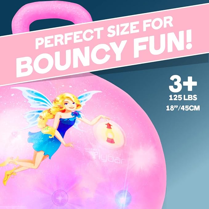 Flybar Hopper Ball for Kids, Inflatable Bouncy Ride-On Ball w/Handle for Indoor & Outdoor Active Play, Includes Pump, Jump Ball Toy for Boys & Girls, Supports Up to 165 lbs, Ages 3+, 18-Inch, Small