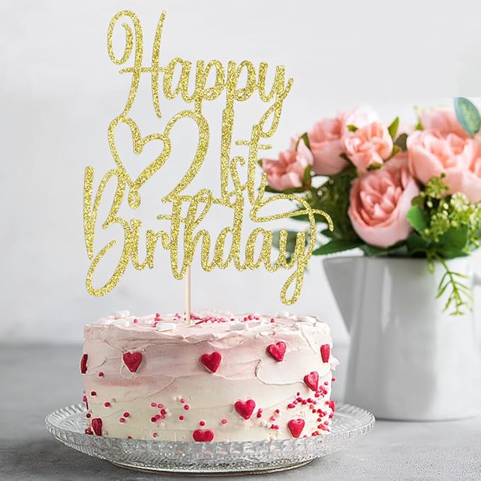 Gold Glitter Happy 21st Birthday Cake Topper - Cheers to 21 Years Cake Topper, 21 & Fabulous Cake Decoration for Hello 21st Birthday Anniversary Party Cake Decorations Supplies