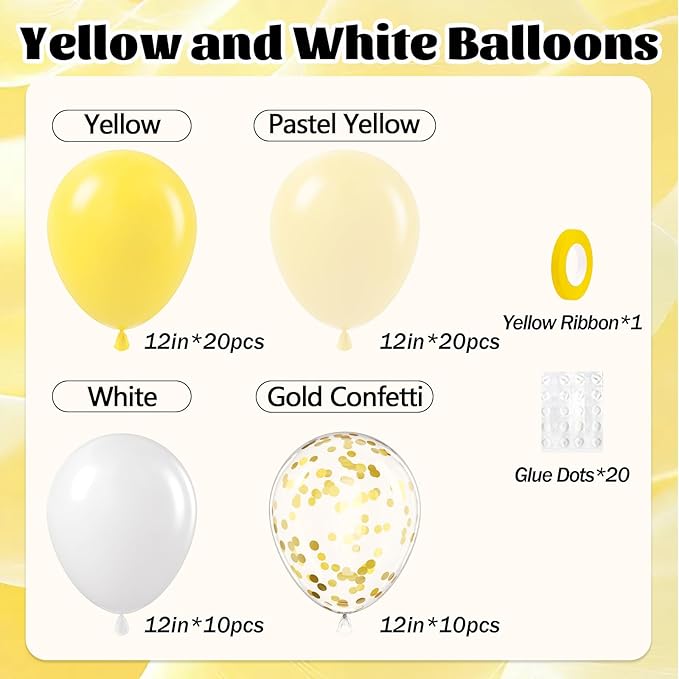 60pcs Yellow and White Balloons 12inch with Pastel Yellow White Gold Confetti Balloons for Bee Lemon Wedding Baby Shower Birthday Party Decorations