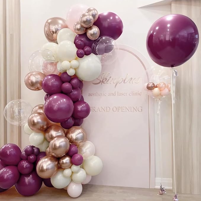 Plum Purple White Gold Balloon Arch Kit, 155Pcs Dark Mauve White Sand Rose Gold Balloons Garland for Boho Baby Shower Birthday Wedding Party Decoration