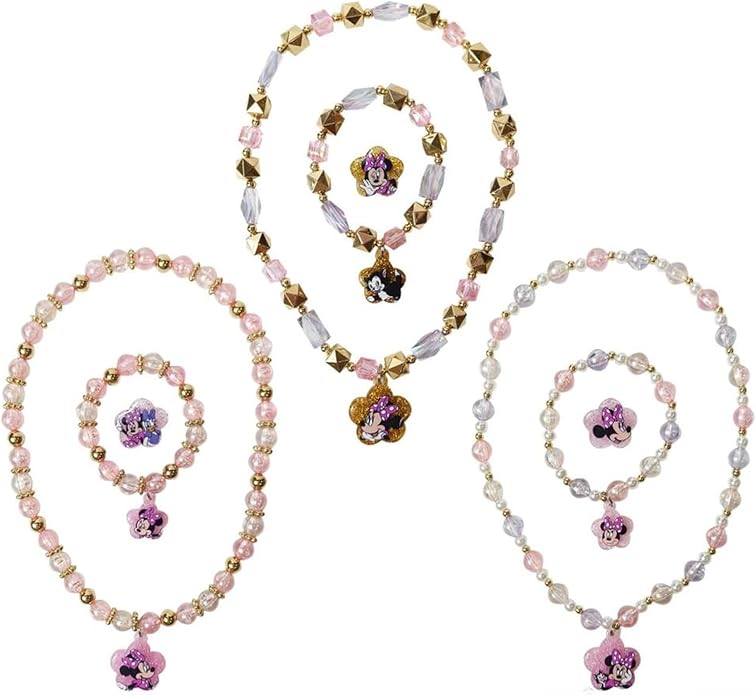 LUV HER Disney Minnie Girls Jewelry Set - Dress up Toy Jewelry Box Sets with Bead Necklace, Bead Bracelet and Ring - Play Accessories - Ages 3+