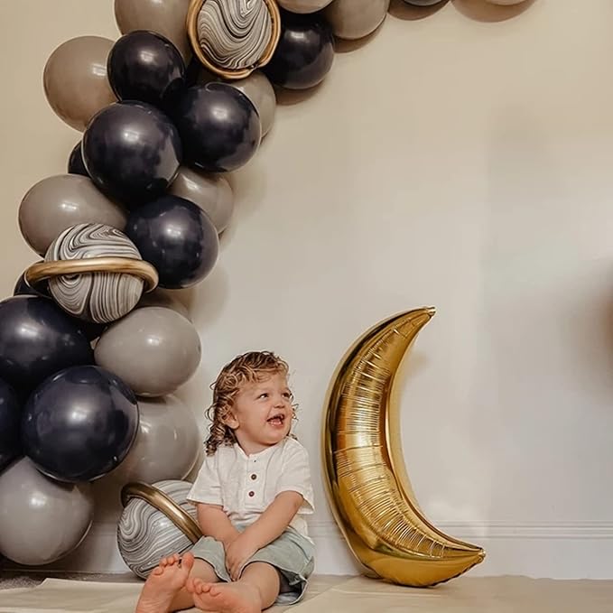 Outer Space Astronaut Balloon Garland Arch Kit Pearl Navy Blue Onyx Black Gray Gold Latex Balloons with Moon Foil Balloon Galaxy Starry Night to the Moon DIY Birthday Party Decoration Baby Shower
