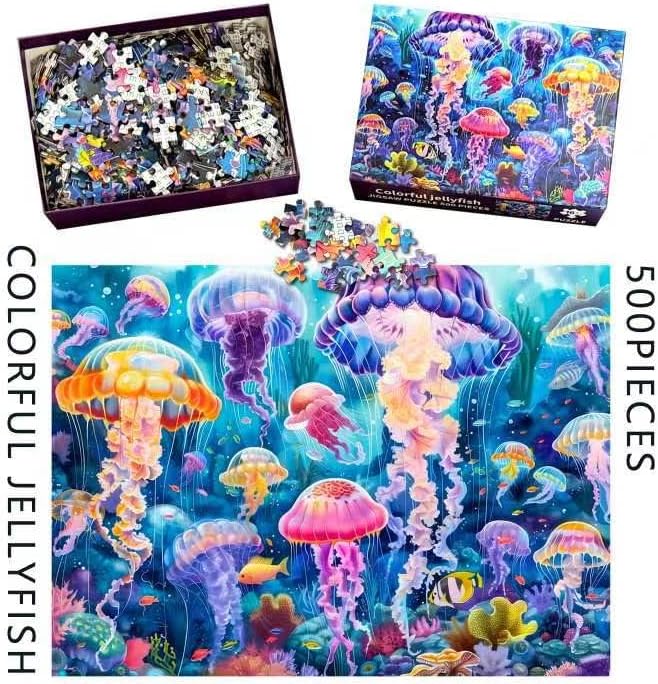 Colorful Jellyfish 500 Piece Puzzle for Adults Beautiful Underwater Vibrant Ocean Coral Fish Landscape Jigsaw Puzzle with Letters on Back Nature Fun Family Seniors Puzzle