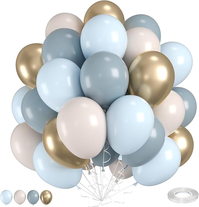 Dusty Baby Blue Gold Balloons, 12 Inch Maca Blue White and Metallic Gold Balloons for Boy Baby Bridal Shower Birthday Gender Reveal Wedding Party Decorations