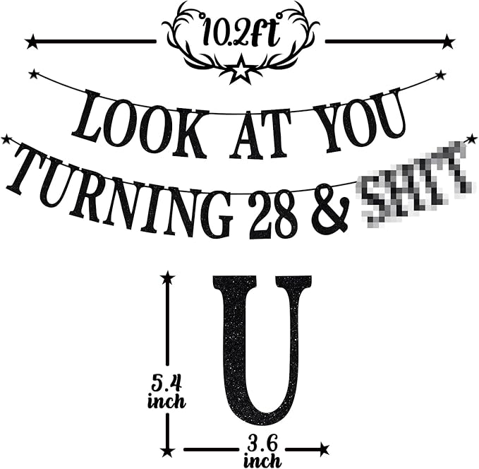 Black Glitter Look at You Turning 28 & Sh*t Banner, Happy 28th Birthday/Level 28 Unlocked/Cheers to 28 Years, Funny 28th Birthday Party Decorations Supplies