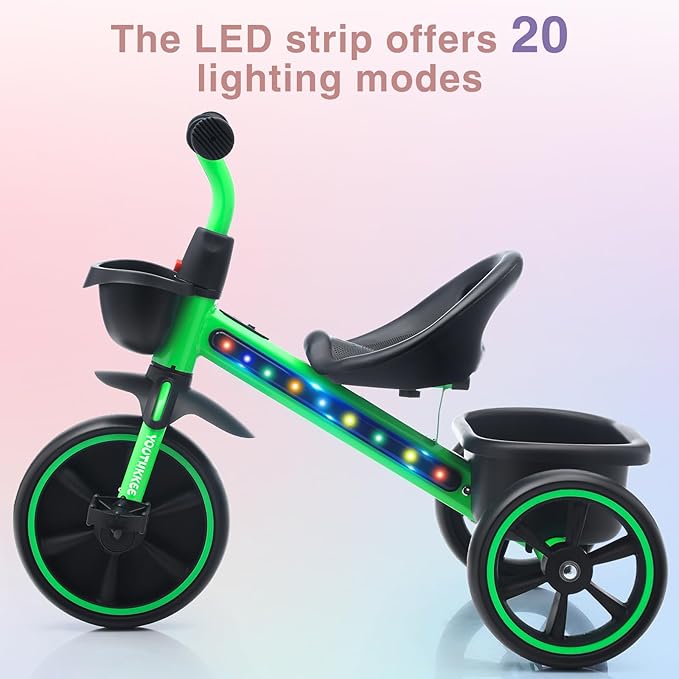 Kids Tricycle with Colorful LED Lights for Toddlers 1-3 Years, Stable 3-Wheel Design & Storage Basket for Fun Indoor Outdoor Ride, Gift for Baby Boy Girl