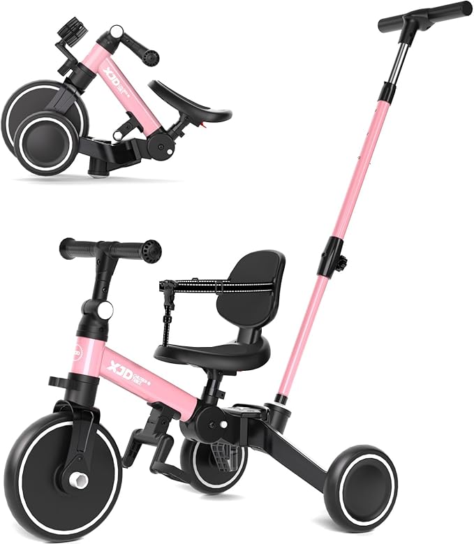 XJD Toddler Bike, 6 in 1 Folding Toddler Tricycle for 1-4 Year Old with Parental Control Handle, Balance Bike with Removable Pedal, Backrest, Adjustable Seat Height, First Birthday Gifts (Pink)