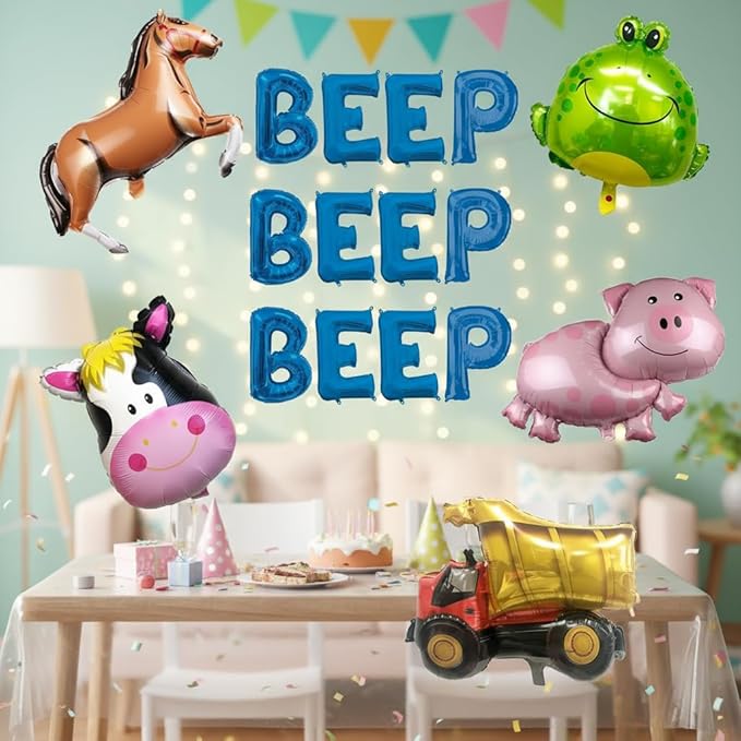 100% LIKED-Beep Beep Beep Blue Letters Balloon Banner, Little Truck Birthday Decorations, Pig Toad Cow 1st Birthday Party Decorations