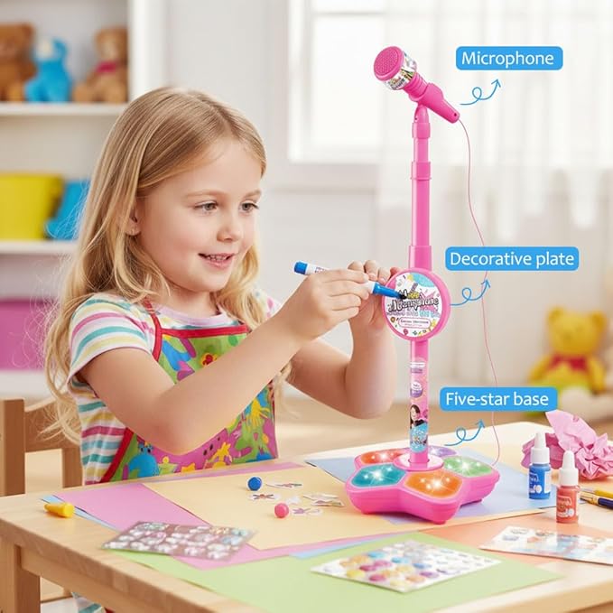 Microphone with Stand, 2026 New All in One Microphone Toy, Colorful Lights with Adjustable Height for Birthday Parties Singing (Black)