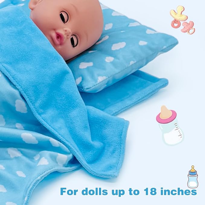 Baby Doll Accessories Dollhouse Bedding Set - Doll Blanket, Pillow & Mattress Playset for 18" Dolls,Gifts for Boys Girls Ages 3 4 5 Year Old (Blue Sky)