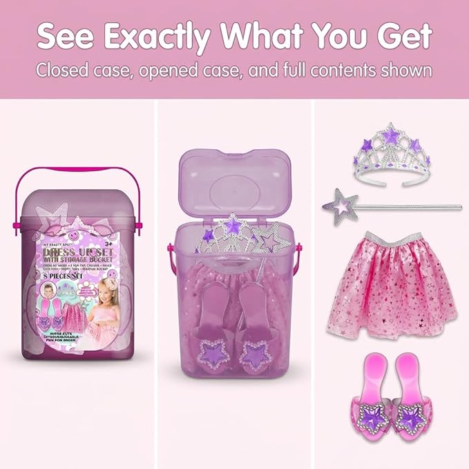 My Beauty Spot Princess Dress Up Set for Girls 4–6 with Storage Bucket — Dress Up Clothes with Tiara, Wand, Skirt & Shoes, Pretend Play Costume Toy