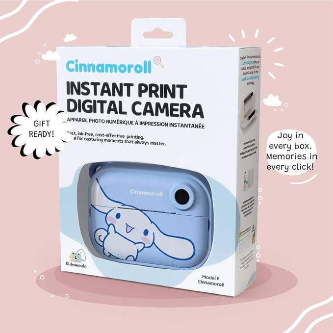 kiimento Sanrio Licensed Instant Print Digital Camera, Best Travel Buddy Cinnamoroll, 2.4” HD Screen, Ink-Free B&W Printing, Selfie Lens, 1080p Video, 32GB Memory Card (Model P)