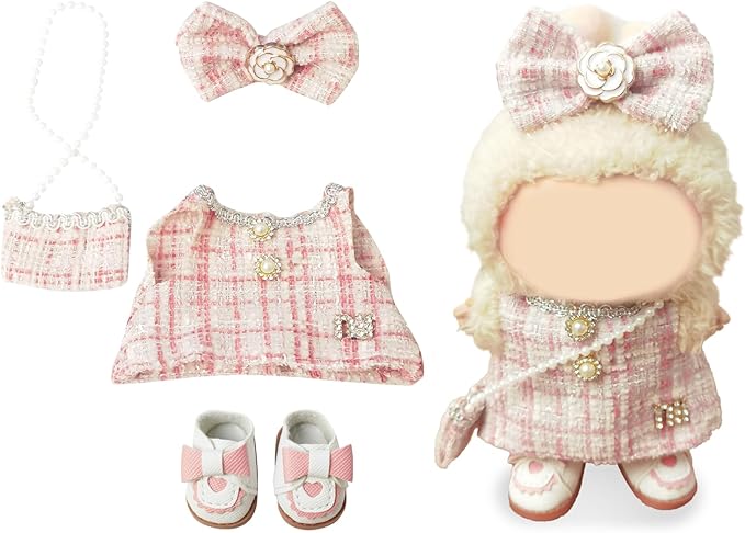 Clothes Compatible with LABUBU Doll – 4PCS Pink Tweed Charm Set, 17cm Doll Clothes Designer Outfit for Romantic Pastel Theme, Chic Stylish Accessories for Labubu, No Doll (Peachy Tweed Daydream)