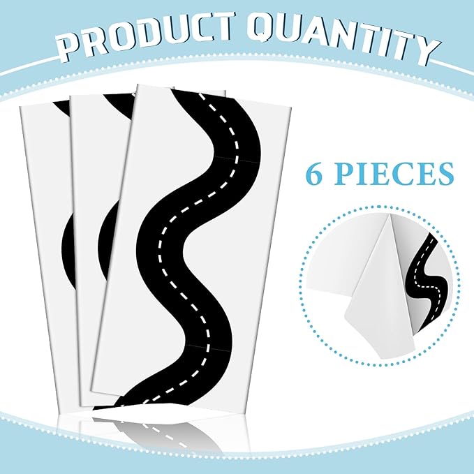 Irenare 6 Pcs Racing Table Cloths Car Birthday Party Supplies 54 x 108 Inch Racetrack Table Runner Covers Disposable Rectangular Road Tablecloth for Kids Boy Car Theme Birthday Party Decor (White)