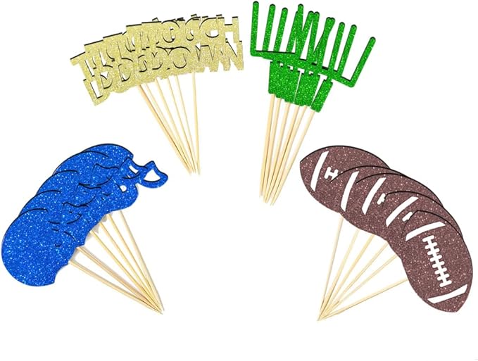 24 Pieces football Theme Glitter Cupcake Topper Cake Picks Decoration for Baby Shower Birthday Party Favors, Sunday Party Supplies with Touchdown, Football and Field Goal