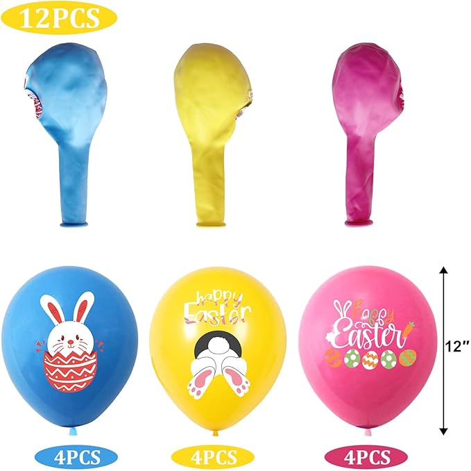 Happy Easter Balloons Bunny Balloons Pink Blue Yellow Party Balloon For Easter Themed Party Bunny Decorations Decor Supplies Arch Decorations Party Balloon Sets-12 Pcs