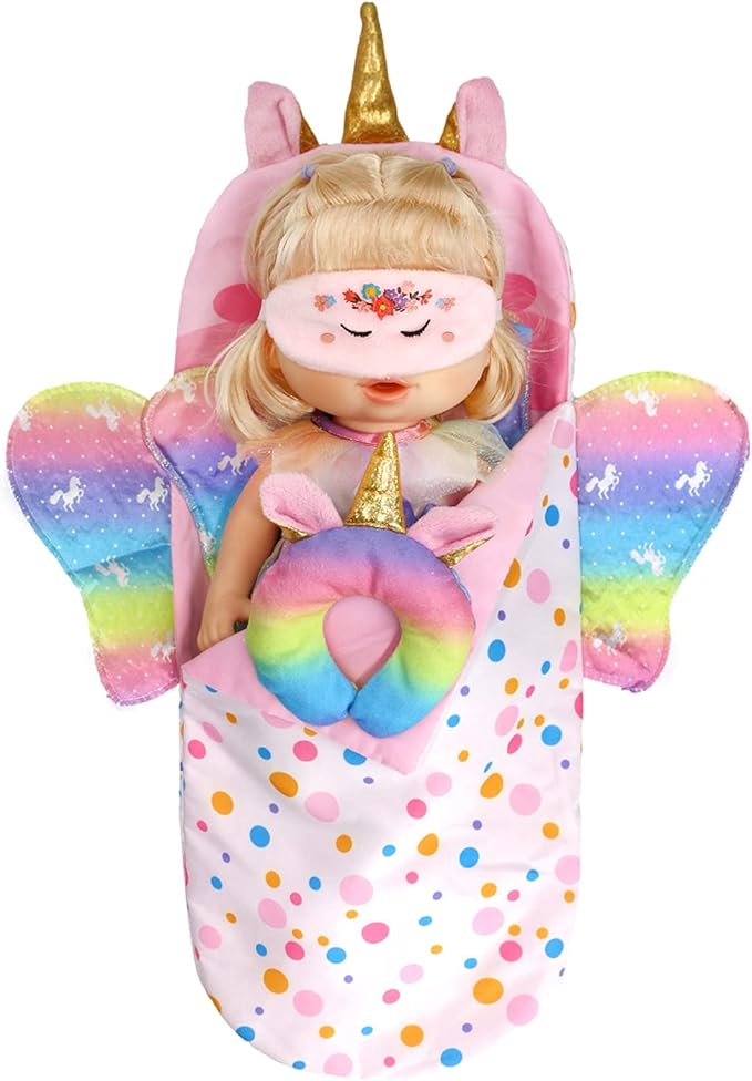 ONEST 5 Pieces 14 to 14.5 Inch Doll Clothes Doll Sleeping Bag for Dolls Include Unicorn Clothes Sleeping Bag, Pillow, Eye Mask, U Shaped Pillow