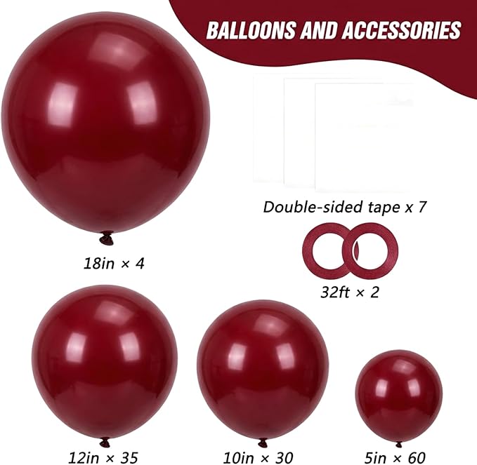RUBFAC Burgundy Balloons 129pcs Different Sizes Pack of 18 12 10 5 Inch, Latex Maroon Dark Ruby Red Balloon Garland Arch Kit for Wedding Anniversary Birthday Party Decorations