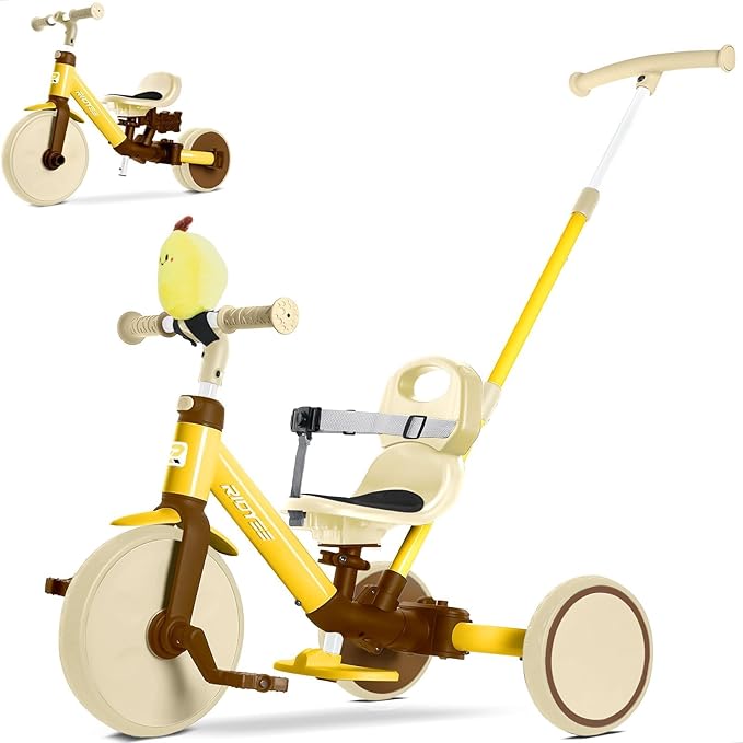 5-in-1 Kids Tricycle for Toddlers 1.5-3, Tool-Free Convertible Kids Push Trike to Balance Bike, Safety Belt, Removable Backrest and Footrest, Ride-On Toy for Boys & Girls, Yellow
