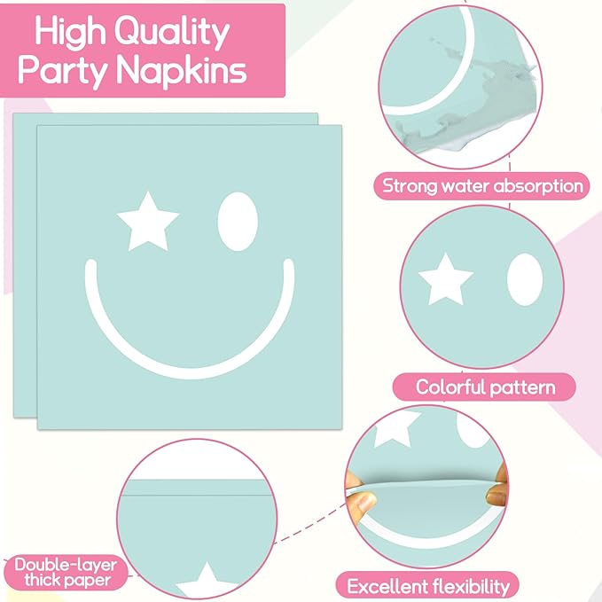 200Pcs Pastel Smile Face Party Decorations Paper Plates Napkin Preppy Smile Face Party Tableware Smile Face Dinnerware Set Supplies for Birthday Bachelorette Baby Shower Table Party Favors Serve 50