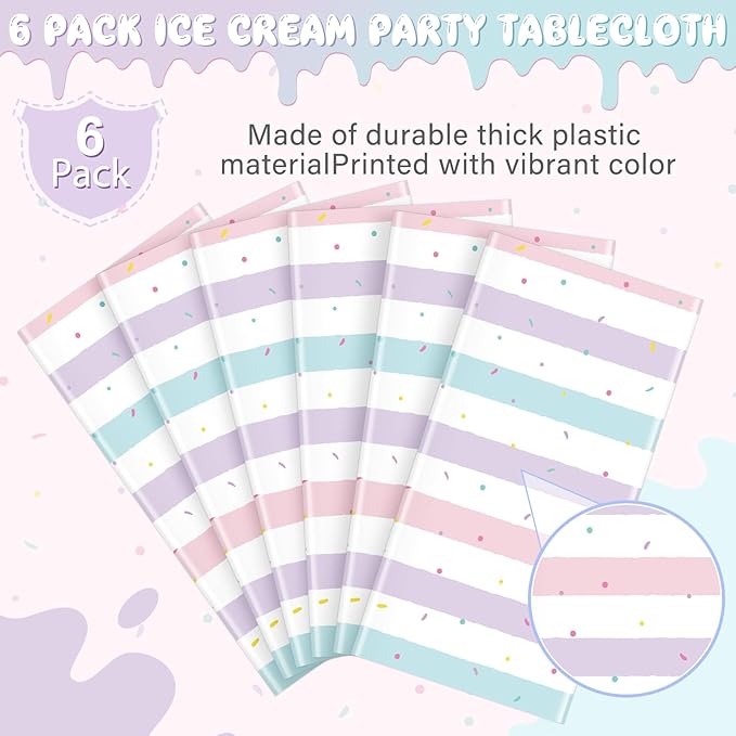 6 Pack Sprinkle Ice Cream Tablecloth Party Decorations, Ice Cream Birthday Plastic Party Supplies, Donut Disposable Rectangle Table Cover for Kids Girls Sweet One Birthday Baby Shower, 54 x 108 Inch