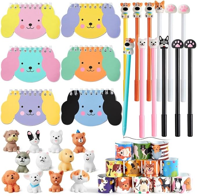 Dog Party Favors for Kids 12Set Paw Print Puppy Party Favors with Mini Notebooks Pens Dogs Figures Slap Bracelets, Boys Girls Birthday Gift Goodie Bags Stuffer Dog Themed Party Supplies Decor