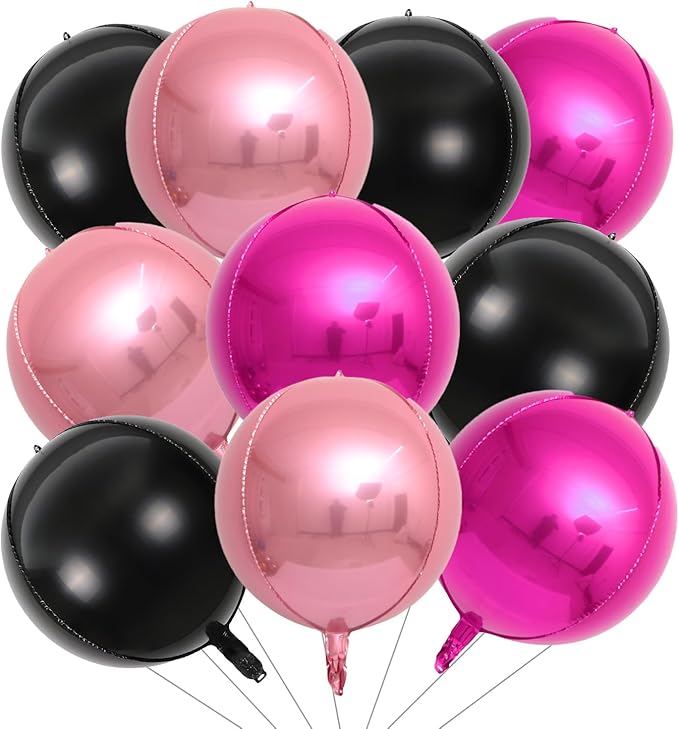 KALOR 22 Inch Black and Hot Pink Foil Balloons, 10 Pcs Large 4D Giant Round Metallic Foil Balloon for Birthday Party Baby Shower Graduation Party Decorations