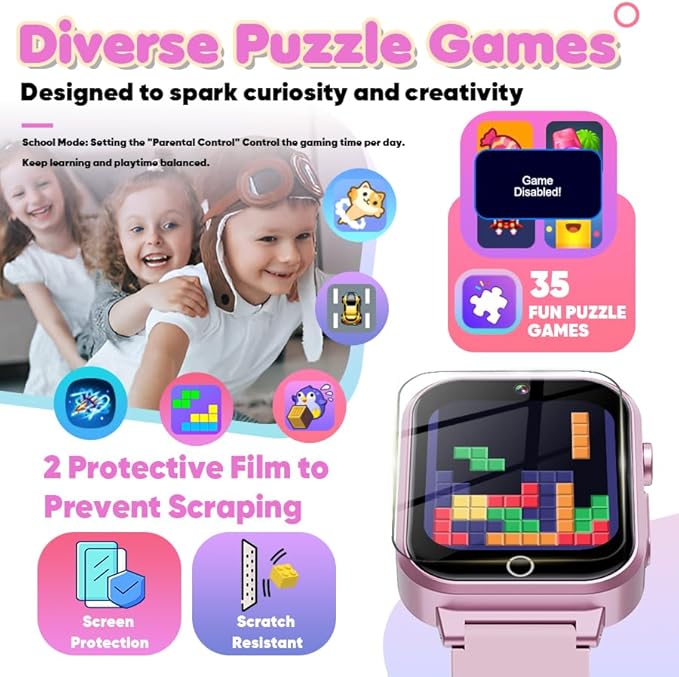 Kids Smart Watch for Girls Age 3-12 with 35 Puzzle Games, HD TouchScreen Smart Watch for Kids with Dual Camera, Video Player, Learning Card, Toddler Christmas Birthday Gifts Toy for Girls 5 6 7 8 9 10