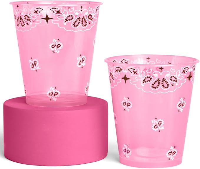 xo, Fetti Cowgirl Plastic Cups - Set of 16, 12oz | Western Party, Pink Cowgirl, Rodeo Cups, Bandana Print, Girls Birthday, Boot Decorations